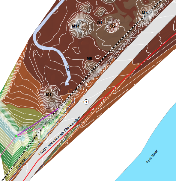 11WO3 topographic map showing detail of southern portion of Johns Mound Group