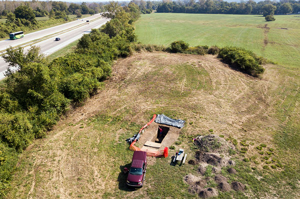 aerial view of Cahokia Mounds excavation next to interstate